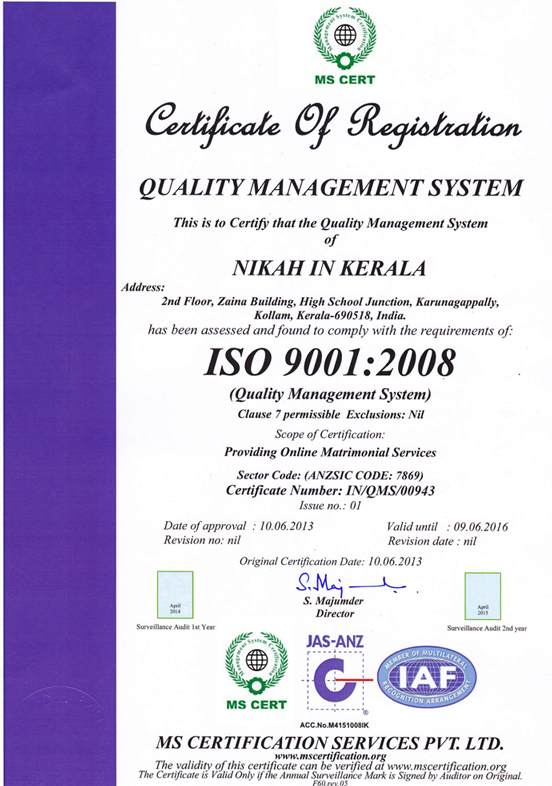 ISO 9001:2008 Certified Muslim Matrimony | My Nikah